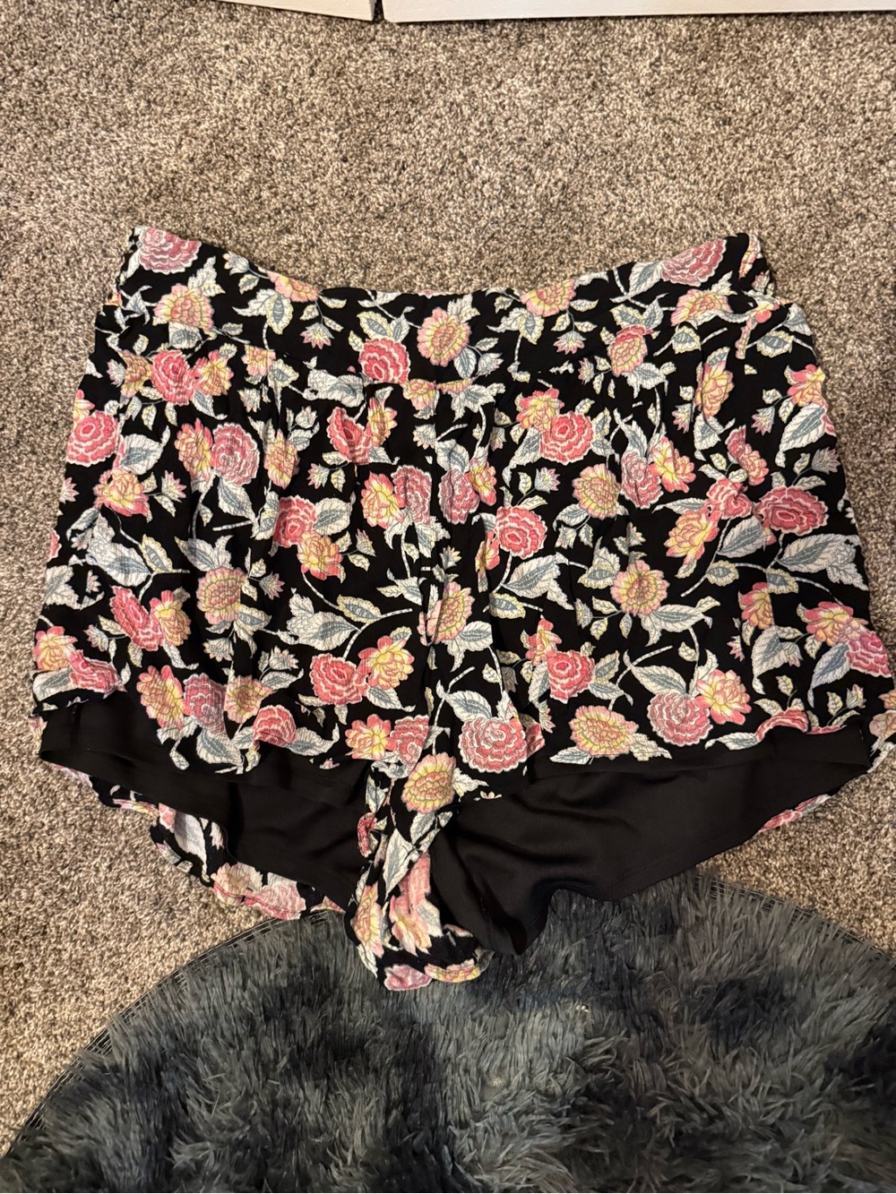 Floral Ruffle Skort Shorts in Black with Pink & Yellow Blooms